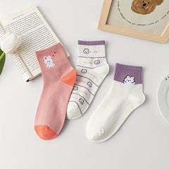 3 Pairs Cartoon Animal Print Socks Comfy Crew Short Women's Stockings Hosiery