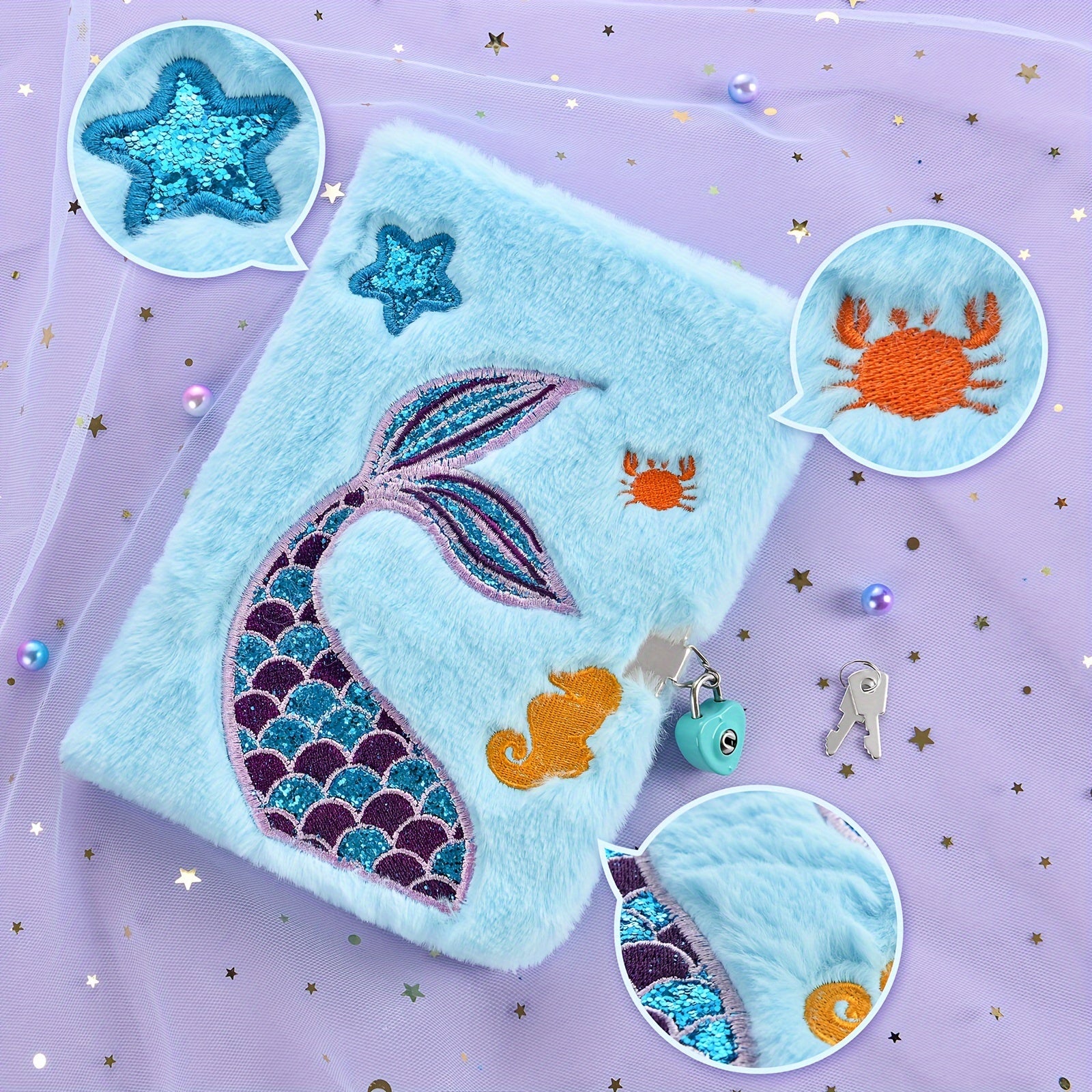 Mermaid Plush Sequin Notebook with Lock