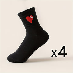 4 Pairs Heart Embroidery Socks Mid Tube Stockings
