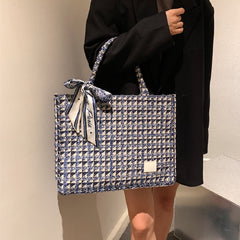 Tweed Plaid Tote Bag with Twilly Scarf Large Capacity