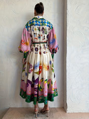  Abstract Print Lantern Sleeve Maxi Dress With Belt