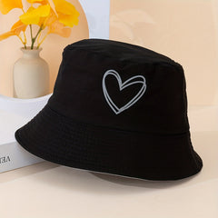 Heart Print Reversible Bucket Hat Solid Couple Fish
