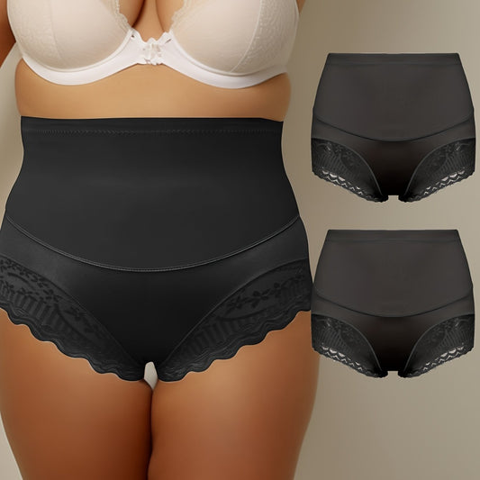 2 Pack Plus Size Panties Set Women's Plus Contrast Lace High Rise Tummy Control