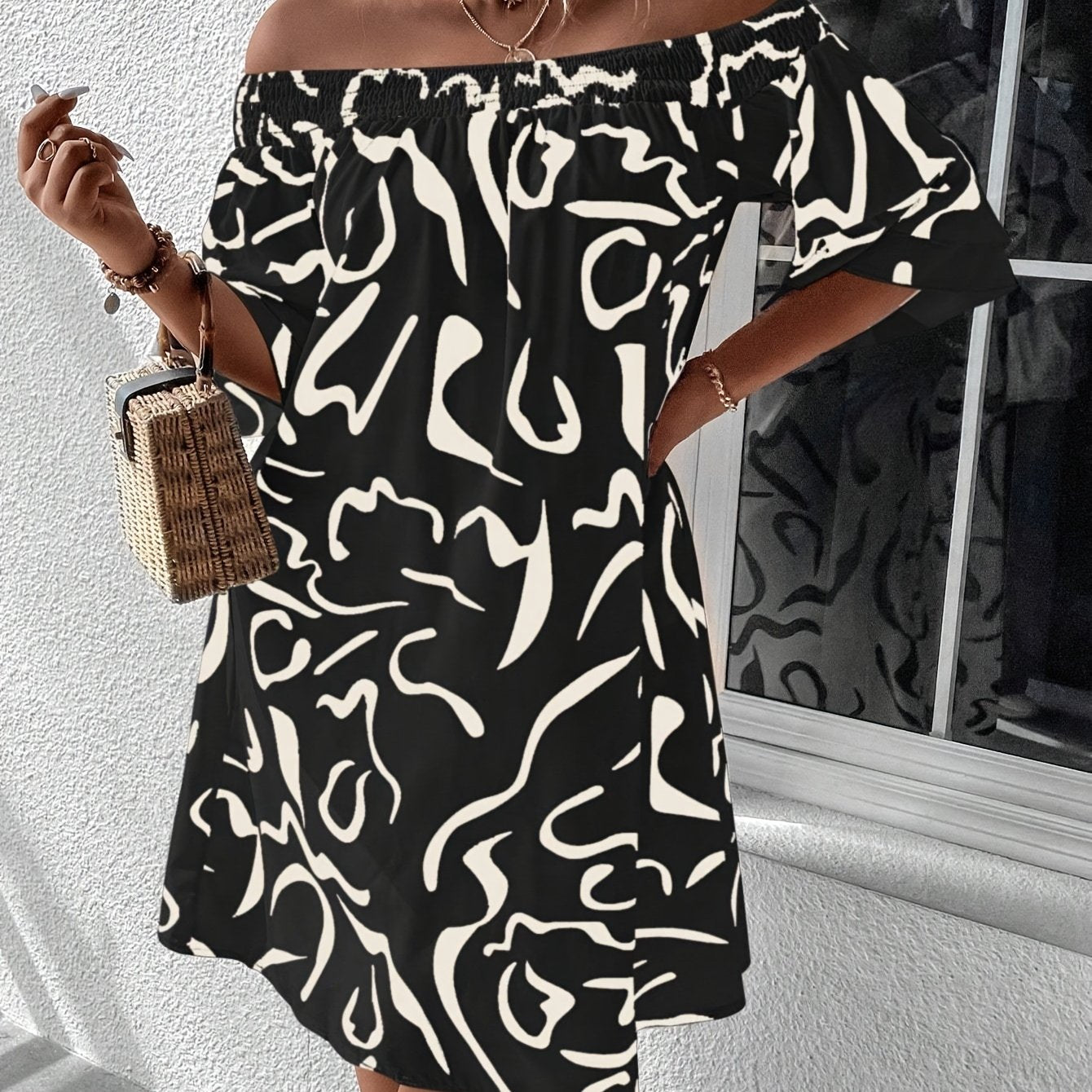  Sexy Graffiti Print Off Shoulder Loose Fit Mini Dress