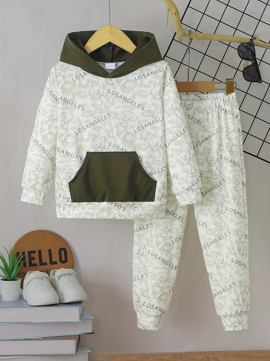 Bear Letter Allover Print Boy's 2pcs Hoodie & Sweatpants Set