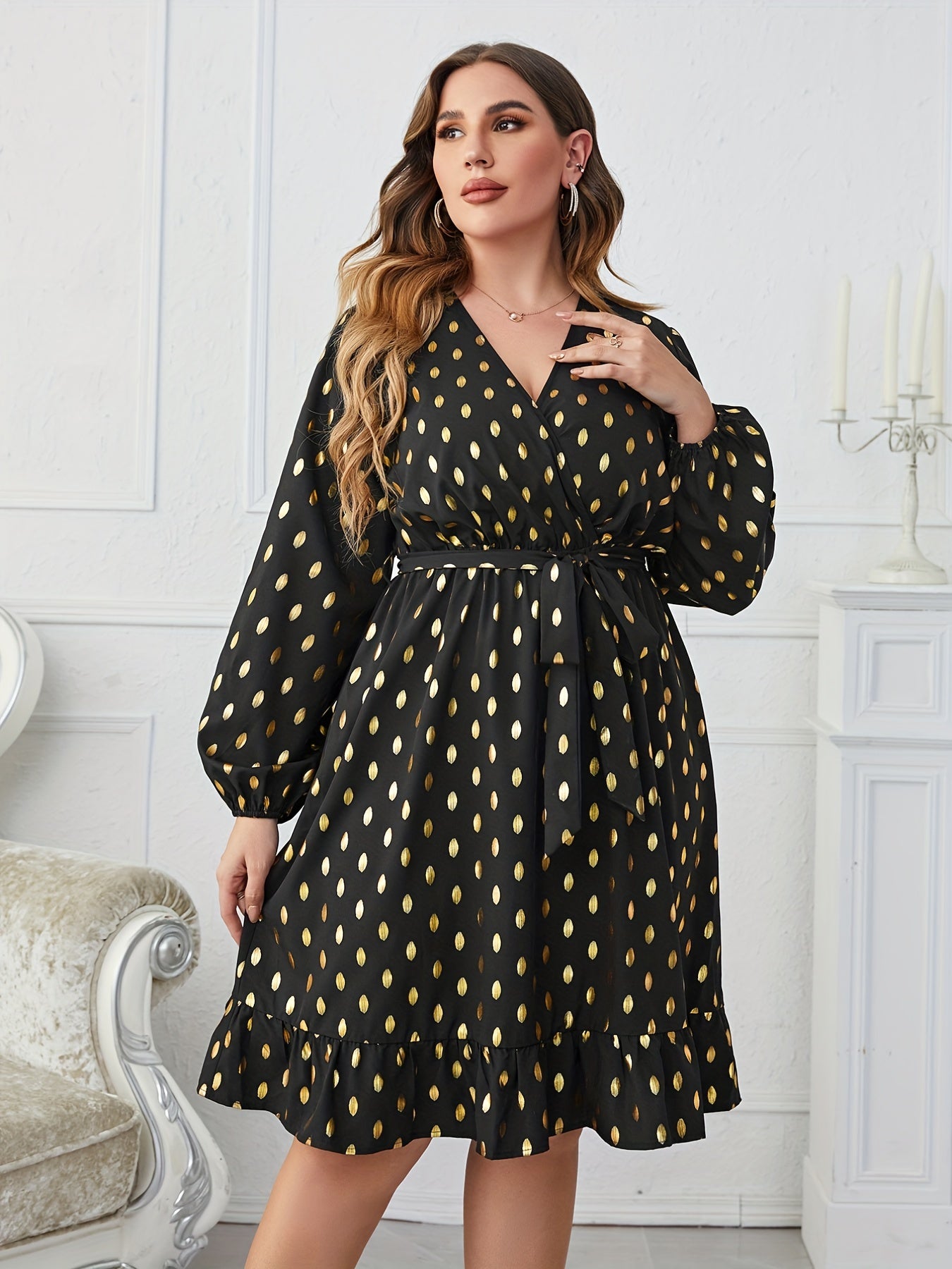 Women's Plus Dot Print Long Sleeve Surplice Neck Dress With Belt