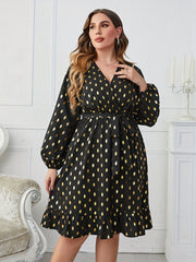 Women's Plus Dot Print Long Sleeve Surplice Neck Dress With Belt