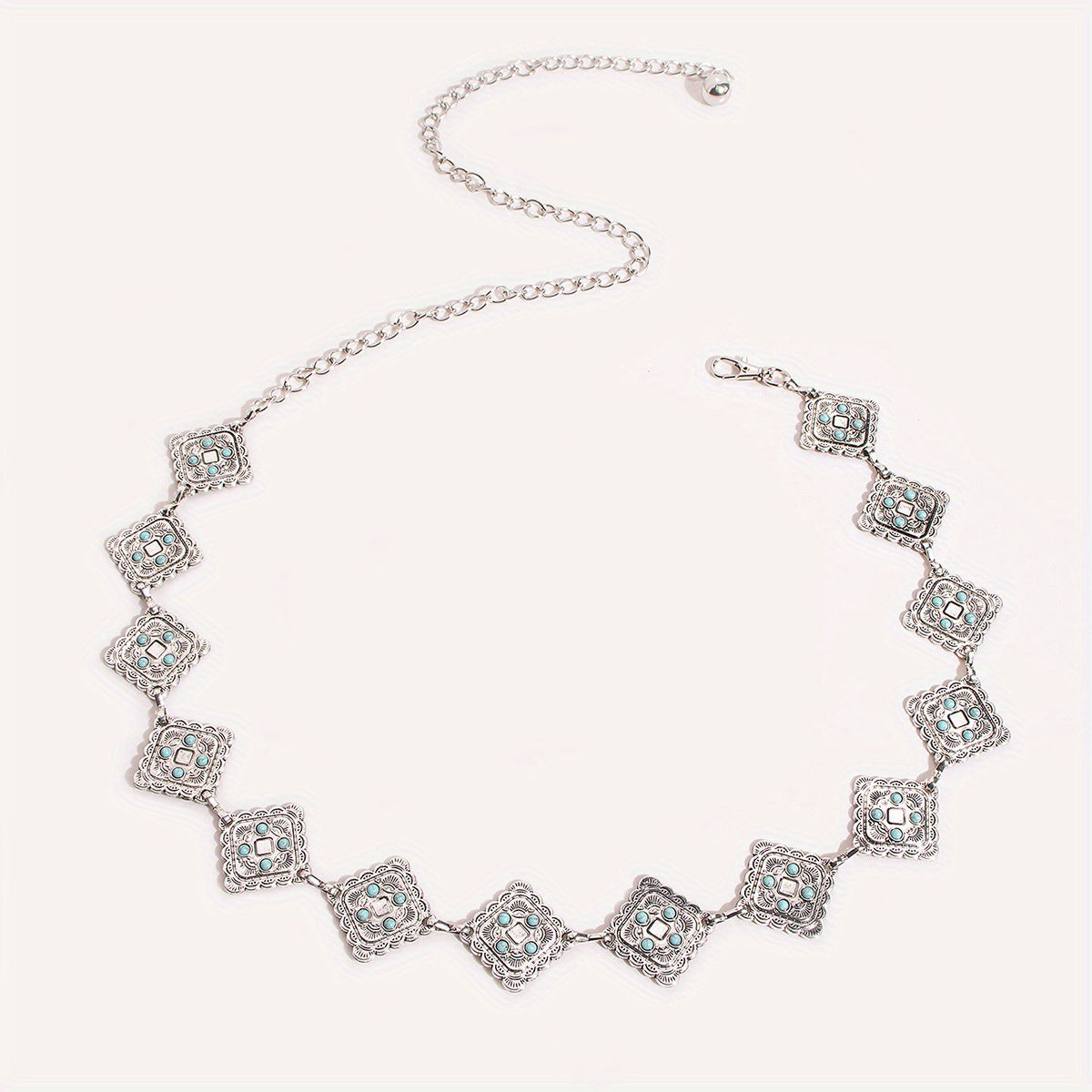 Geometric Flower Carved Waist Chain Turquoise Inlay Vintage Square Chain