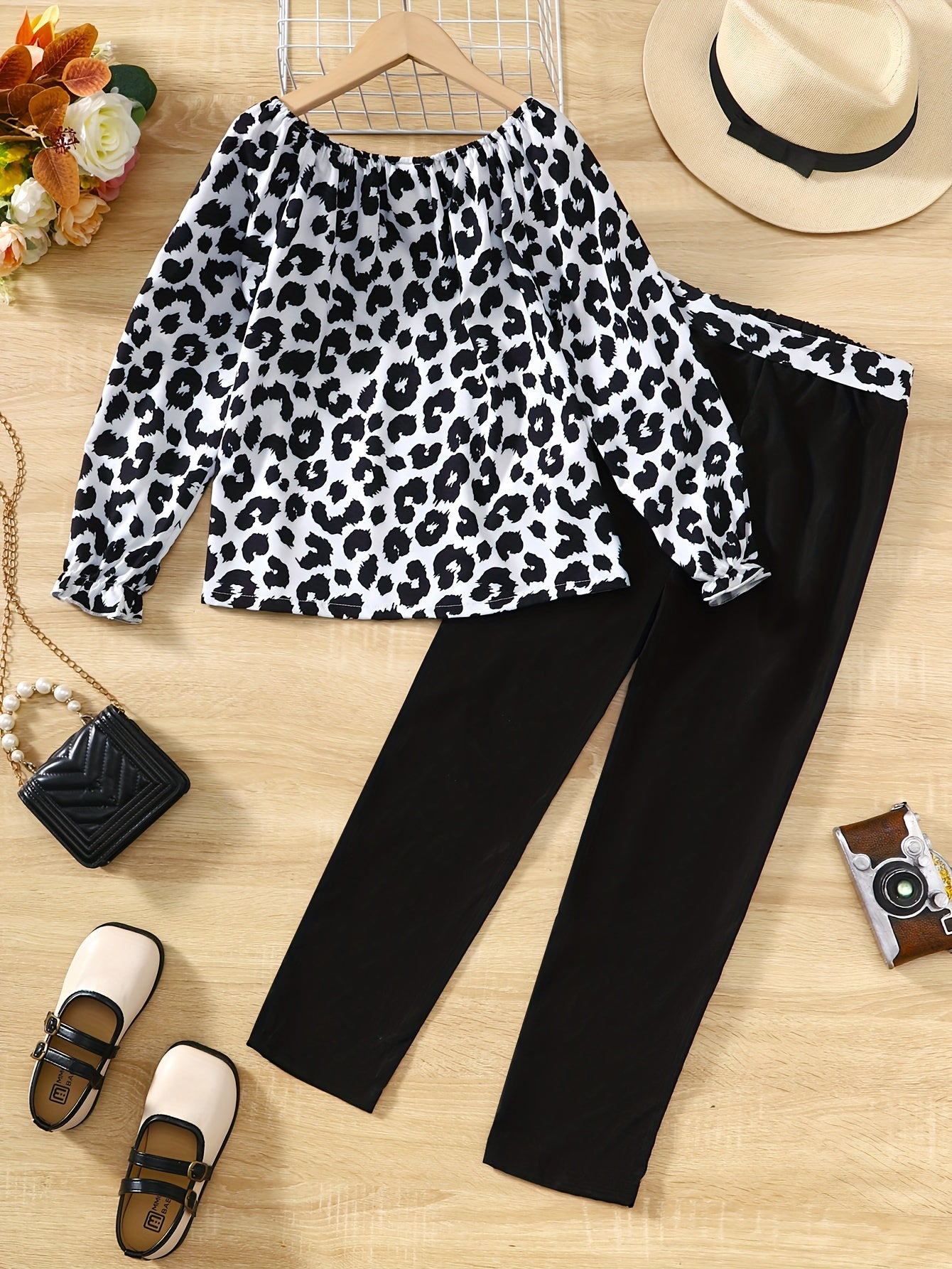 Girl's Leopard Print 2pcs Set Trumpet Sleeve Top & Pants Spring Fall