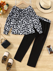 Girl's Leopard Print 2pcs Set Trumpet Sleeve Top & Pants Spring Fall