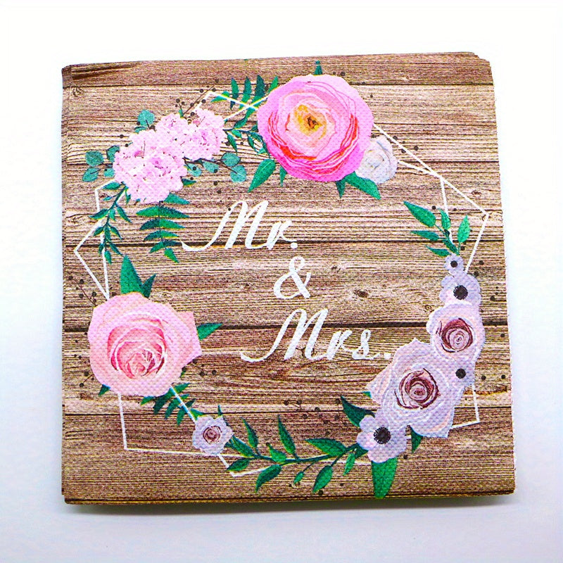 20pcs Rustic Wooden Wedding Tea Party Pink Floral Mr And Mrs Paper Napkins