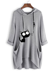 Cat Print Drawstring Hoodie Casual Long Sleeve Sweatshirt