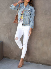 Flap Pockets Denim Jacket Long Sleeves Washed Lapel Coat