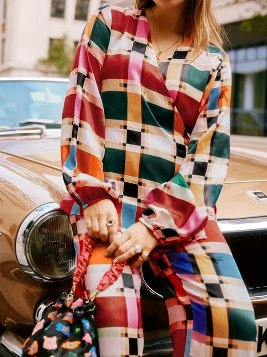 Women's Plus Colorful Plaid Print Lantern Sleeve Knot Side Wrap Top & Pants Set