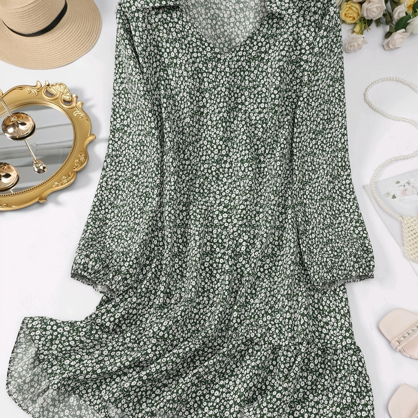 Floral Print V Neck Long Sleeve Dress Plus Size
