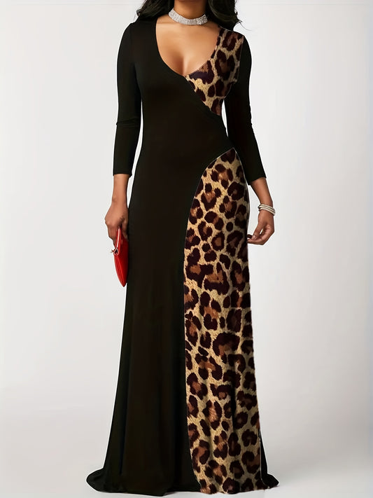 Colorblock Leopard Print V Neck Maxi Dress