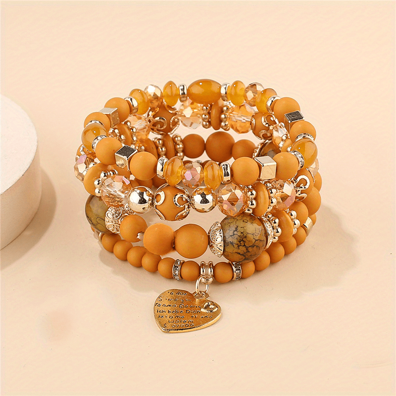 Heart Charm Bead Layered Bracelet Set Vintage Jewelry Gift