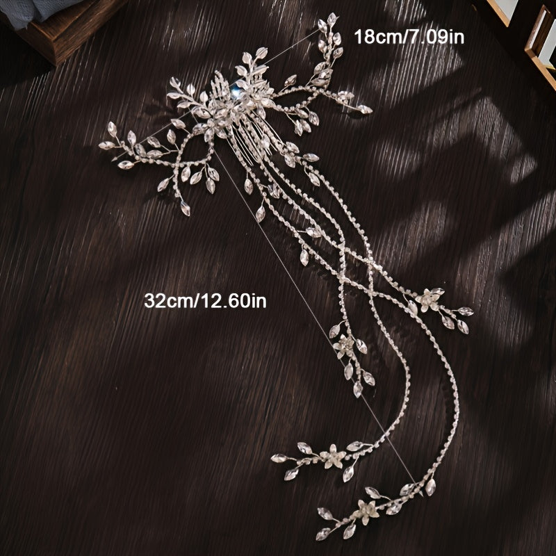 Bridal Hair Comb Rhinestone Flower Headpiece Chain Golden Silver