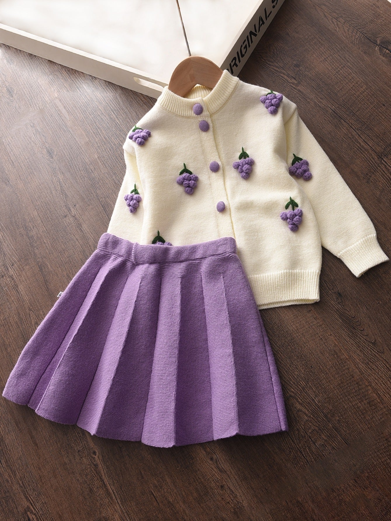 Girls Knit Cardigan & Pleated Skirts Set for Baby Kids Spring Fall