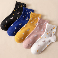 5 Pairs Star & Moon Pattern Ribbed Short Socks Women's Stockings