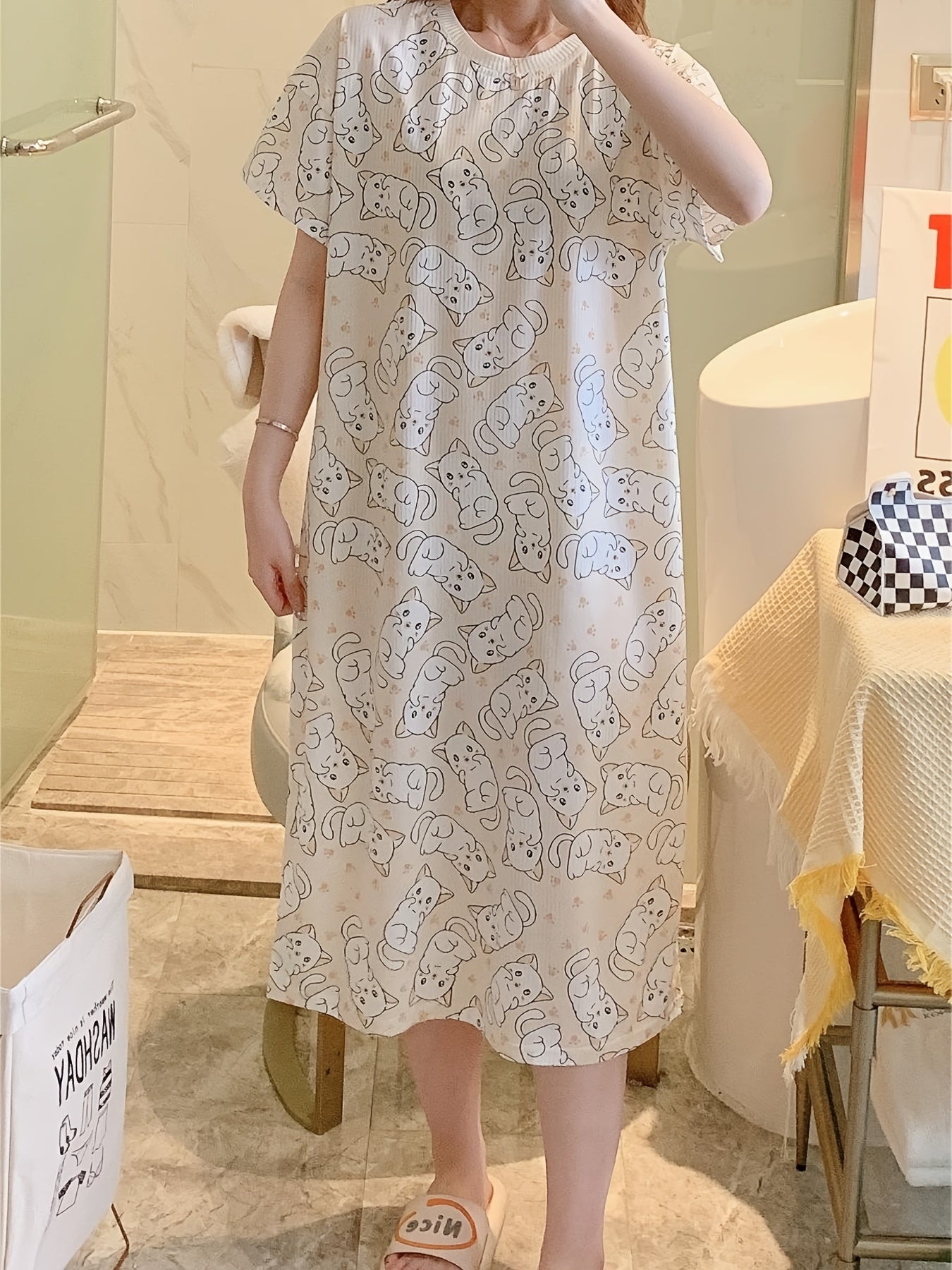 Cat Pattern Sleep Dress Casual & Comfy Short Sleeve Loose Women's Sleepwear