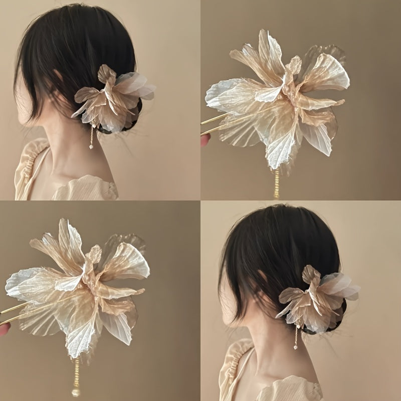 Chiffon Flower Hair Pin w/ Pearl Tassel Chinese Style Hair Clip Prom Accessories