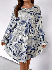 Paisley Floral Print Flounce Sleeve Round Neck Mini Dress