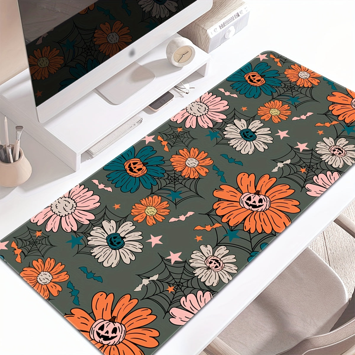 Halloween Skull Pumpkin Ghost Flowers Desk Mat Large Gaming Mousepad