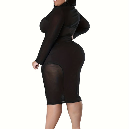  Sexy Contrast Mesh Long Sleeve Bodycon Midi Dress