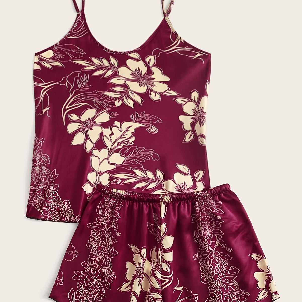 Floral Satin Pajama Set Retro Style Cami Top & Shorts