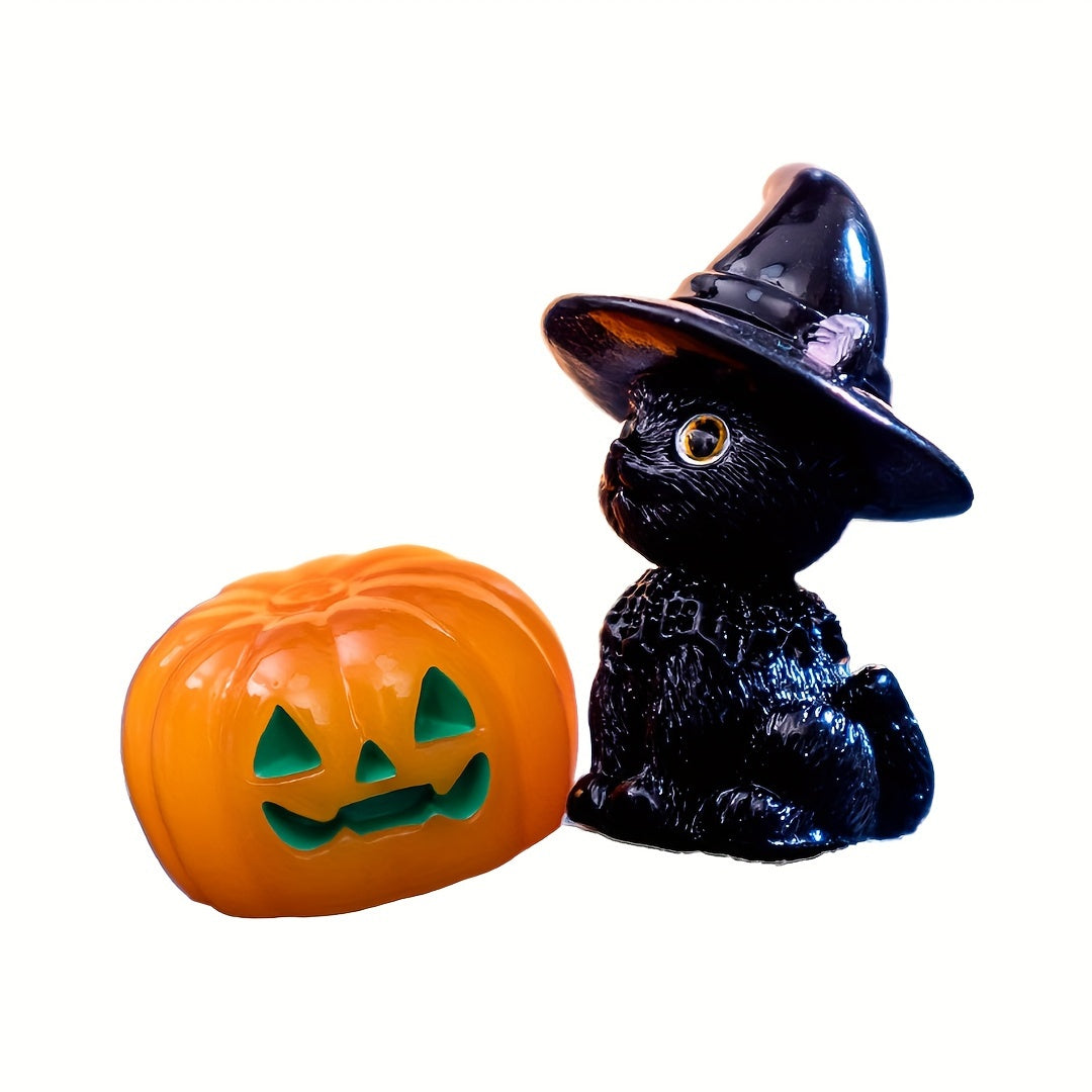 Vintage Resin Halloween Figurines Witch Cat & Pumpkin Horror Fairy Garden Mini