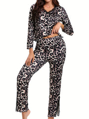 Leopard Print Lounge Set Lace Trim V Neck Top & Pants Women's Loungewear