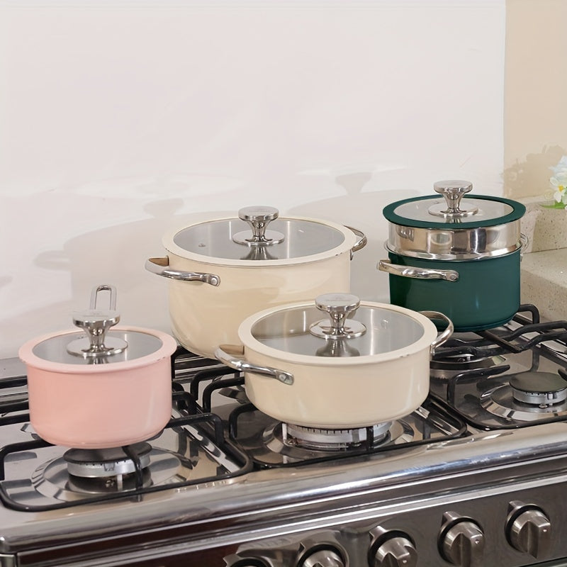 4pcs Stainless Steel Cooking Pot Set Beige Pink Green Ceramic Spray