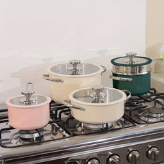 4pcs Stainless Steel Cooking Pot Set Beige Pink Green Ceramic Spray