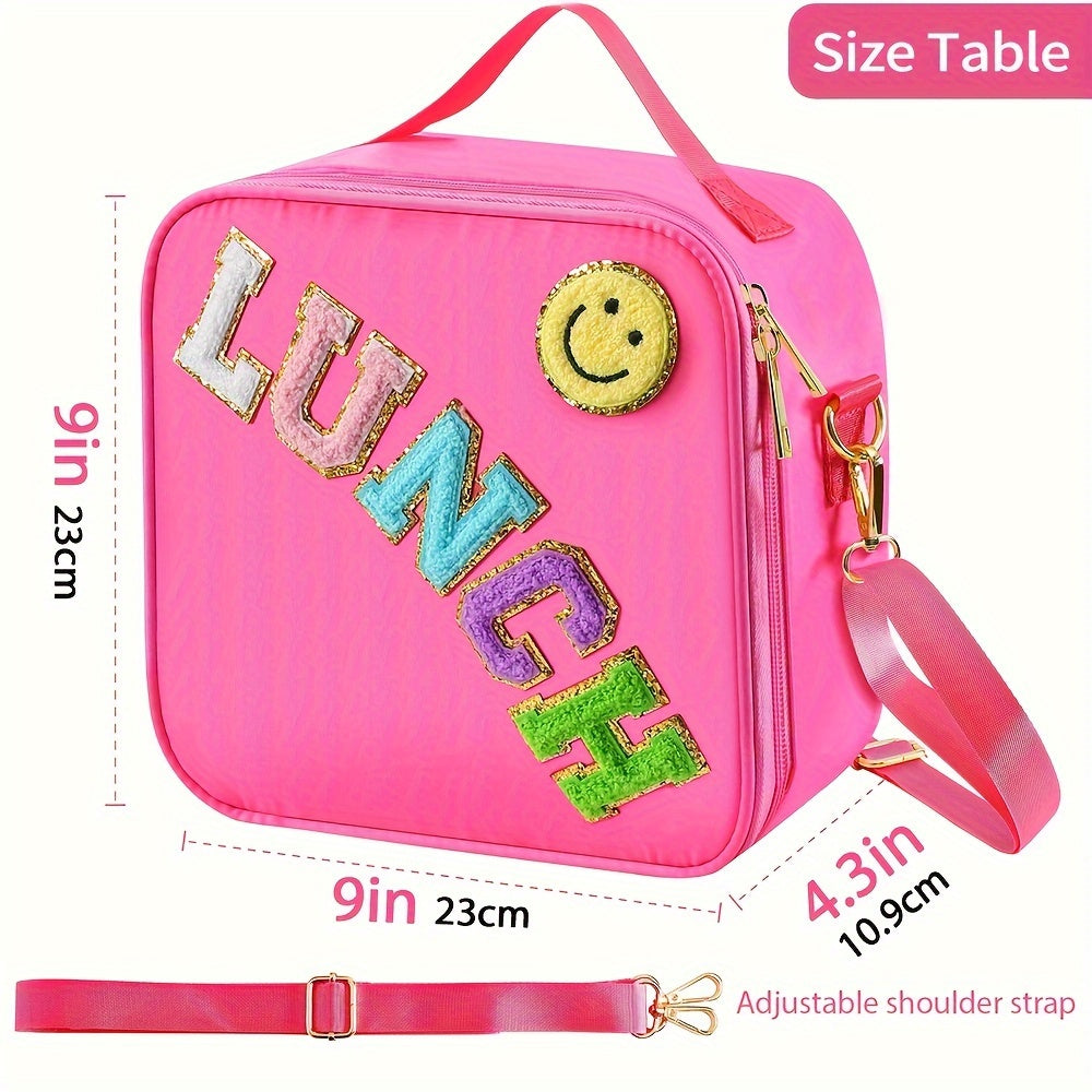 Preppy Insulated Lunch Bag with Adjustable Strap and Chenille Letter Patch