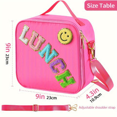 Preppy Insulated Lunch Bag with Adjustable Strap and Chenille Letter Patch