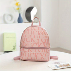 Mini Letter Print Backpack Women's Faux Leather Daypack School Bag