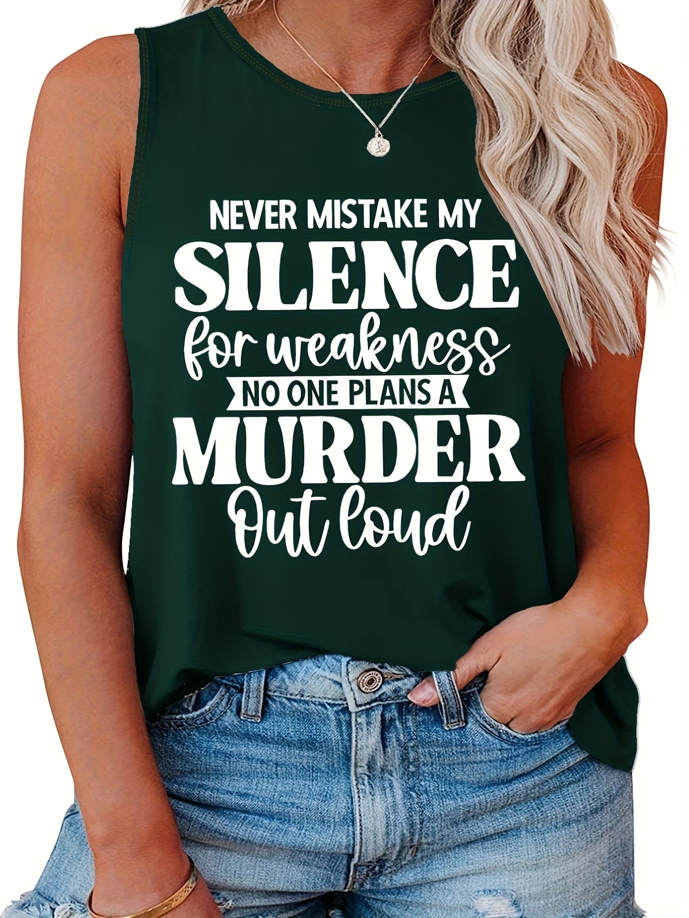  Casual Tank Top Women's Plus Slogan Print Round Neck Tank Top