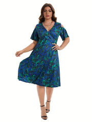 Plus Leaf Print Short Sleeve Cold Shoulder Midi Dress