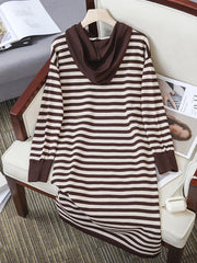 Striped Hoodie Drawstring Long Sleeve Midi Dress Women's Plus