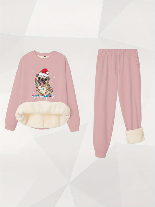Plus Size Christmas Outfit Set Women's Hat & Puppy Fleece Top & Joggers