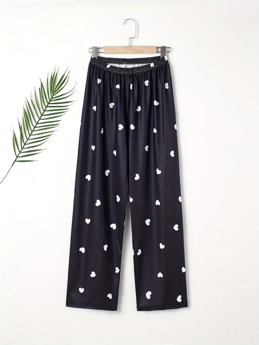 Heart Print Sleep Bottom Loose & Breathable Elastic Waistband Long Pants