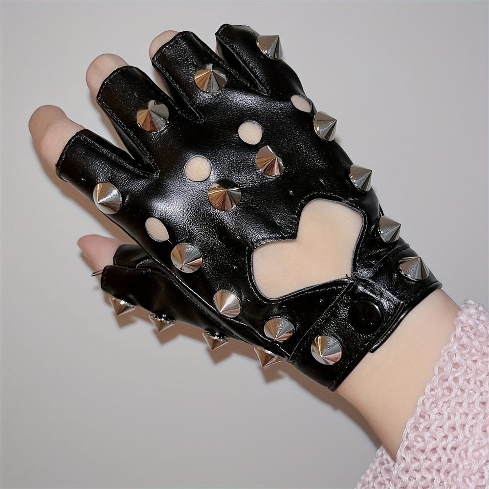 Punk Hollow Heart Gloves Rivet Half Finger Gloves