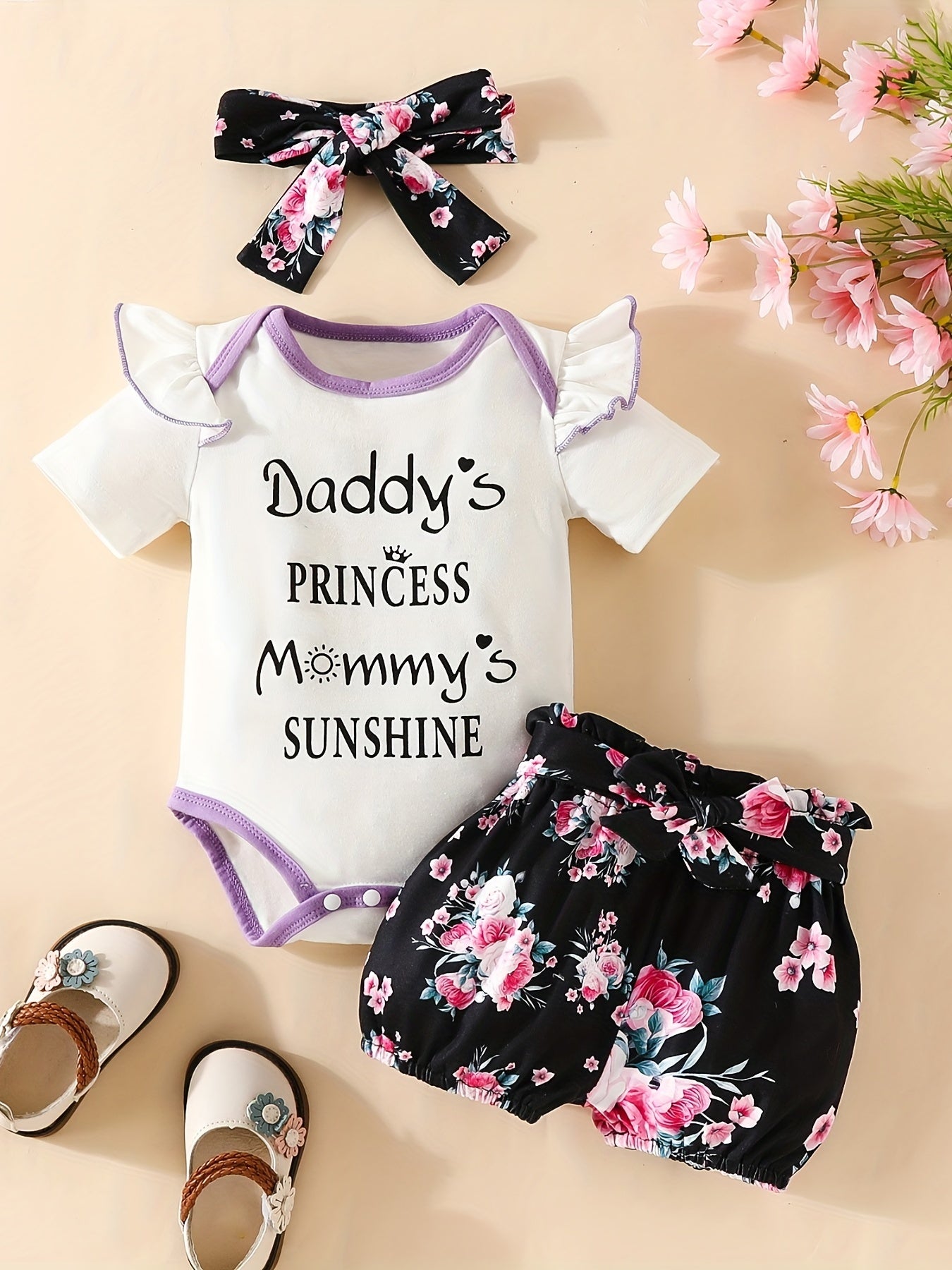 Daddy's Girl, Mommy's World Onesie Set with Floral Shorts
