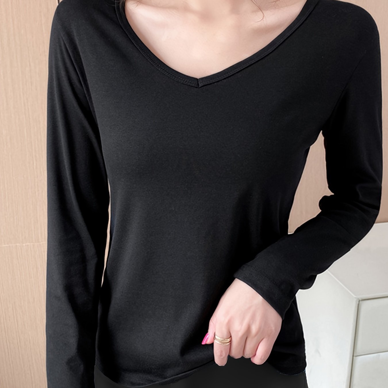 Solid V Neck Long Sleeve Top Women's Loungewear