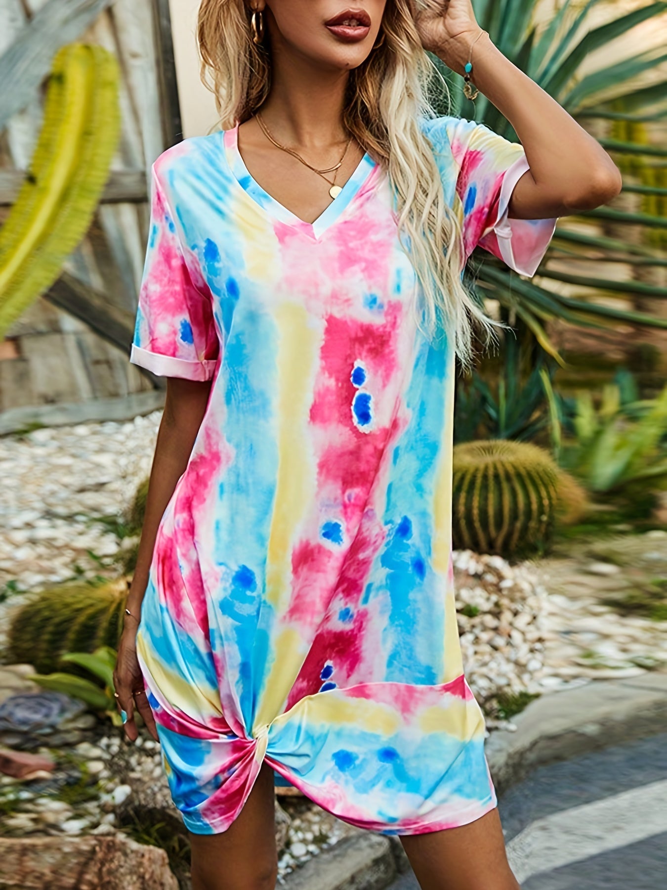 Tie Dye Twist Front V Neck Dress Short Sleeve Casual Summer Women Clothing