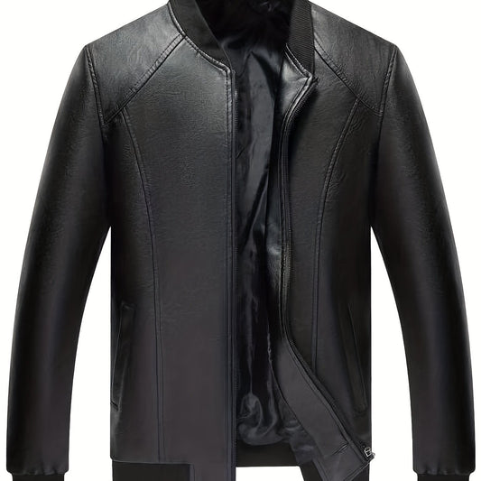 Men's Zip Up Faux Leather Jacket Baseball Collar
