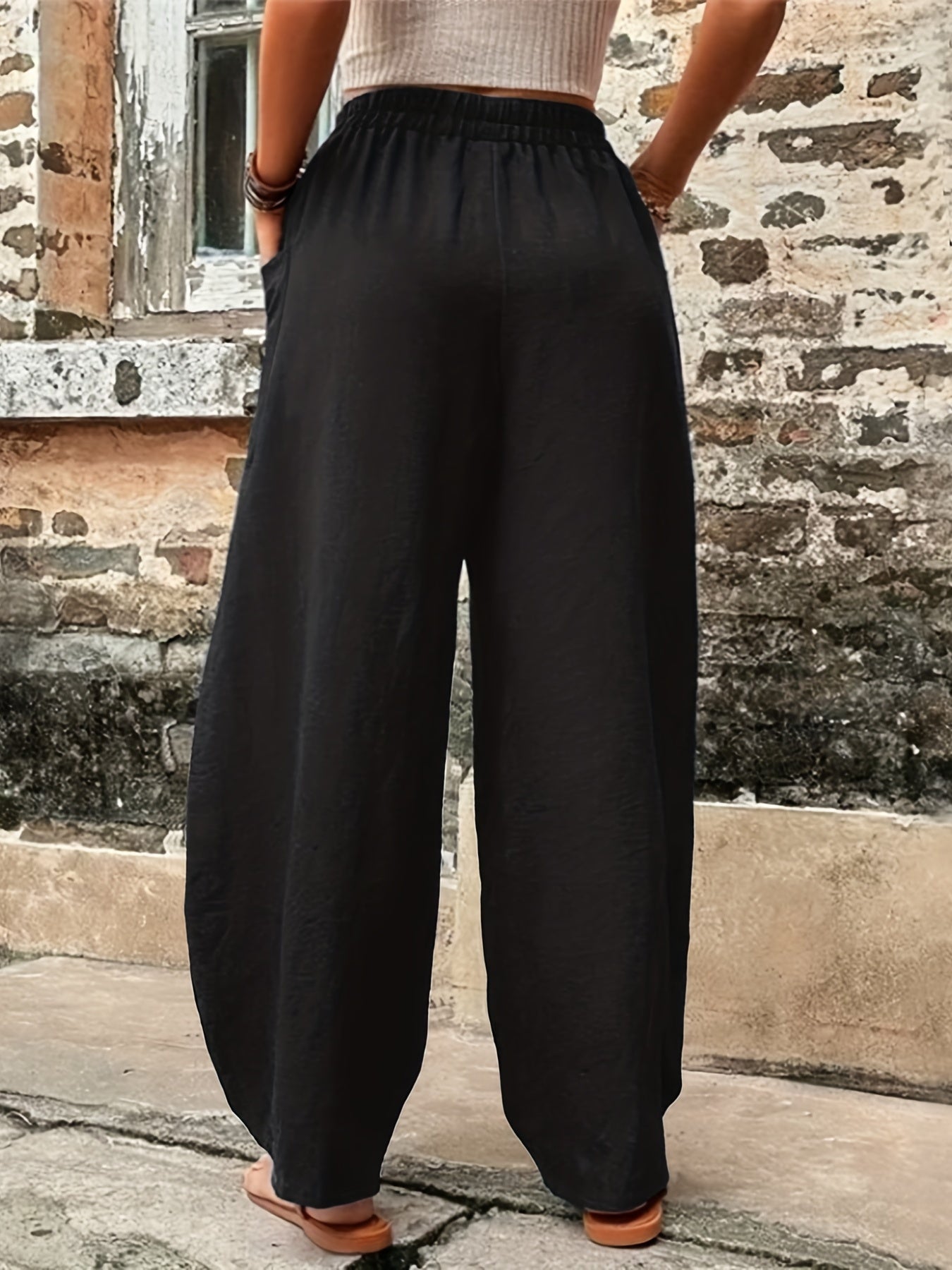  Solid Elastic High Rise Trousers With Pockets