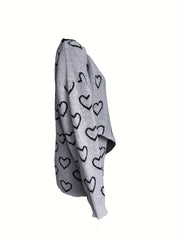  Heart Pattern Lace Long Sleeve V Neck Knit Sweater