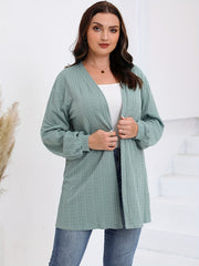  Solid Lantern Sleeve Open Front Stretch Cable Knitted Cardigan